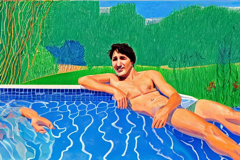 Image similar to justin trudeau sunbathing in a swimming pool in a house in california, summer blue sky, shimmering water, lush trees and bushes garden lawn, by david hockney, peter doig, lucien freud, francis bacon, pop realism, oil on canvas