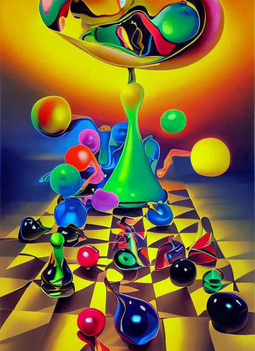 Prompt: an extremely high quality hd surrealism warm painting of 4 d perspective neon complimentary - colors cartoon surrealism melting sculpture composition of zaha hadid biological anatomical blackballs candy illusion by a much more skilled version of kandinskypicasso and salvia dali the fourth, salvador dali's much much much much more talented painter cousin, 8 k, ultra realistic, chess, tunnels, cubes, candy