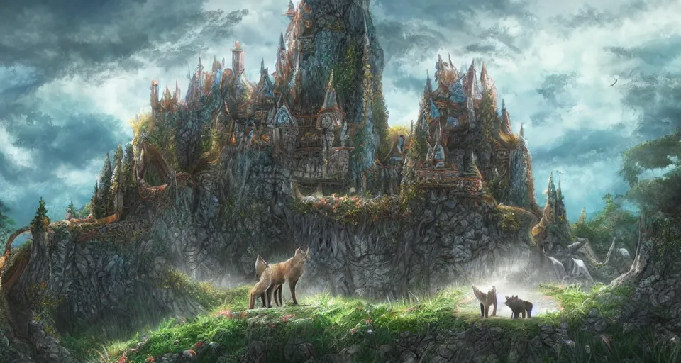 Image similar to wolves and their treasures - fantasy castle in astral landscape, trending on artstation, illustration, digital painting, highly detailed render by studio ghibli