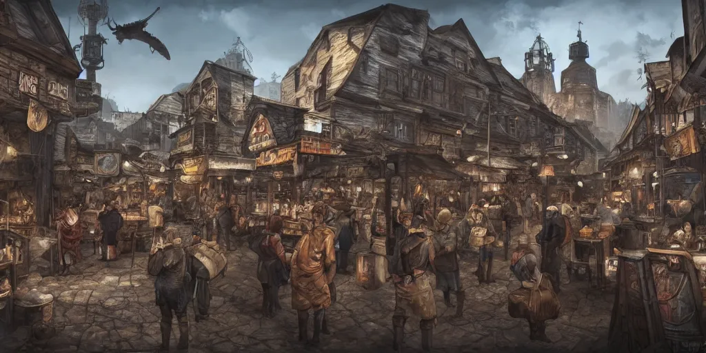 Image similar to a busy marketplace full of merchants in an old medieval town, fallout style, fantasy apocalypse, digital art, 4 k,