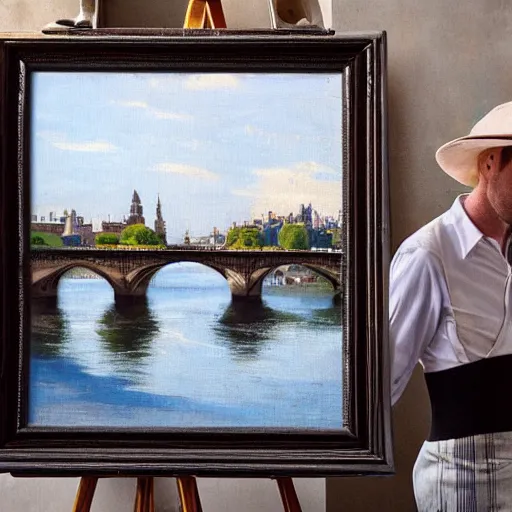 Image similar to ewan mcgregor is standing by the river seine on a bridge in the morning. he is wearing a gentleman ´ s outfit with a bowler hat. next to him at his feet is lying a brown cat. ewan mcgregor is painting a canvas that is put on an easel. morning light. early 2 0 th century paris. vivid colours, digital art, by miyazaki