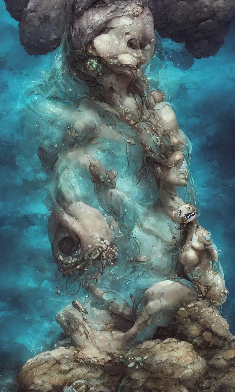 Prompt: a beautiful sea creature sitting on some rocks near the sea, it is like a woman with a round skull, small black eyes, blue-green fish skin, top model body, long fingers with membranes on hands and feet, fine and shiny moist skin incredibly attractive, in alan lee and marc simonetti and emil melmoth style , cinematic lighting