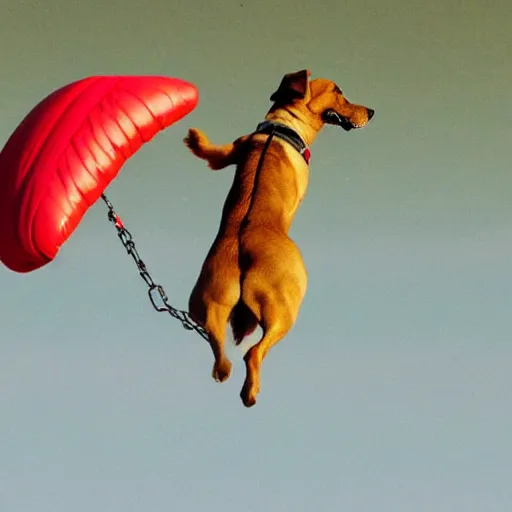 Image similar to a dog parachuting from a helicopter, stock photo