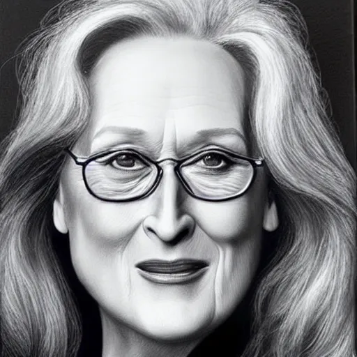 Image similar to “Meryl Streep portrait, Marisa Aragon Ware”