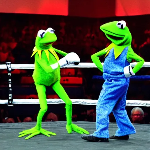 Prompt: ringside photo of kermit the frog boxing