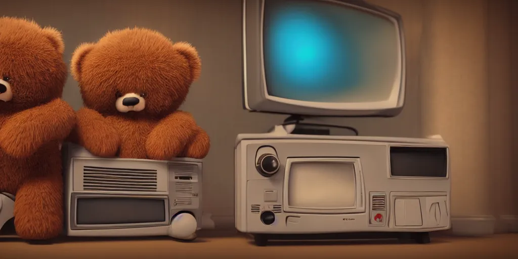 Image similar to two fluffy bears playing coleco vision with an old tv, octane render, 8 k resolution, cinematic