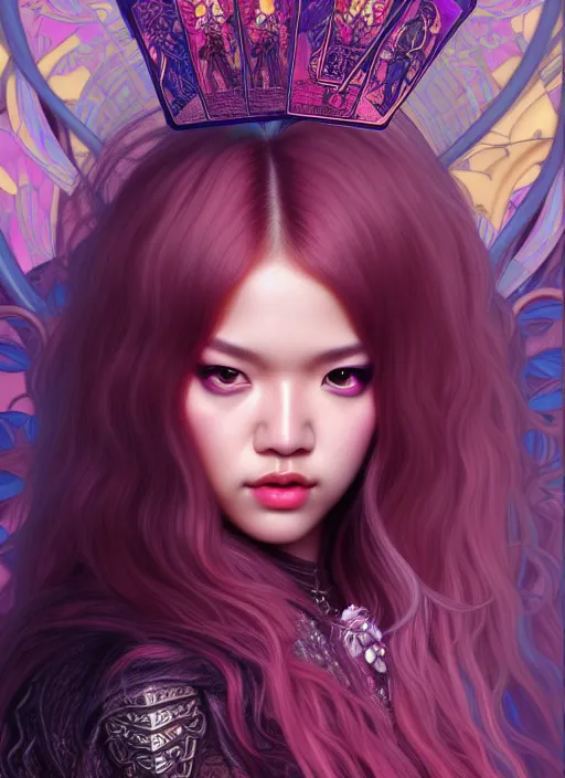 Prompt: jossi of blackpink, queen, tarot card, highly detailed, digital painting, smooth, sharp focus, illustration, ultra realistic, unreal engine, 8 k, art by artgerm and alphonse mucha