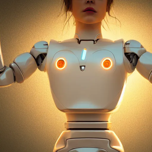 Image similar to beautiful Fine art photography of a solarpunk part robot part human girl with real human face and torso, white background, highly detailed, medium shot, photorealism, sunset lighting 8k