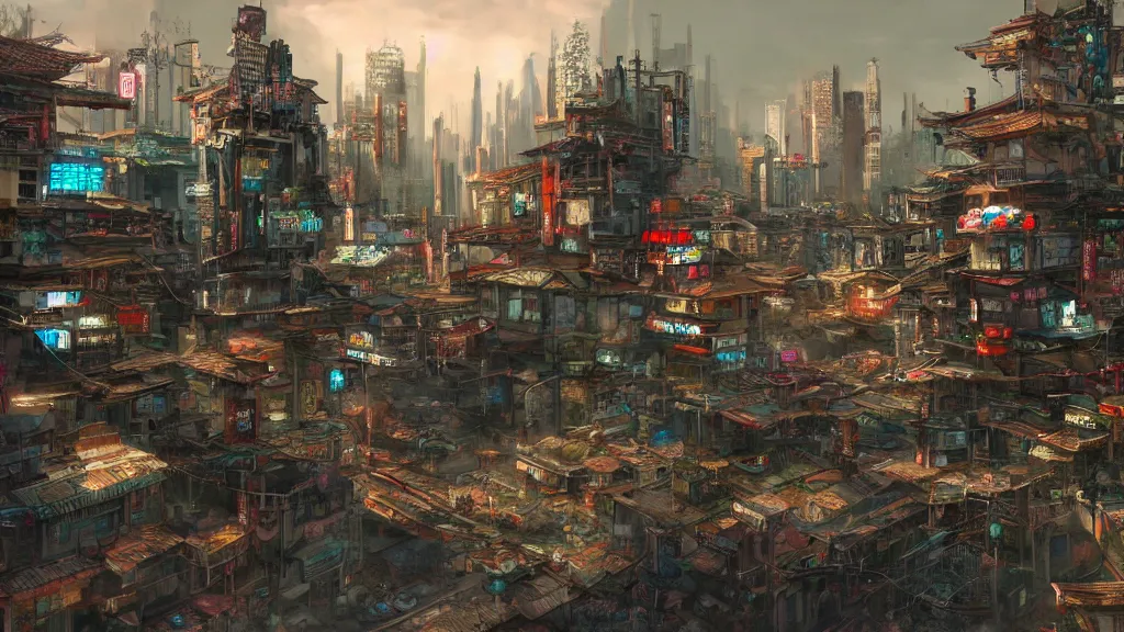 Prompt: oriental, cyberpunk village, concept art, hyperrealistic, highly detailed, 4 k hd