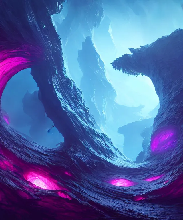 Prompt: charybdis, ultra wide angle, epic scale, fantasy, elegant, crisp 8 k line art, digital painting, artstation, unreal engine, octane render, emissive lighting, concept art, matte, sharp focus, hyper realistic lighting, illustration, deep royal blue and pink color scheme, art by dave kendall