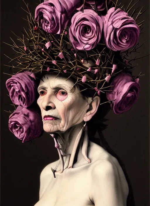 Prompt: portrait of a old year woman with a wreath of thorns a dress of bones and roses horns snake smoke, purple colour scheme, full length, masterpiece, art by caravaggio, artstation
