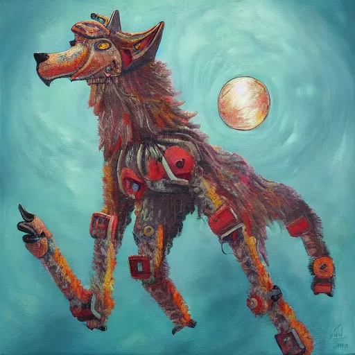 Image similar to an anthromorphic wolf robot using the force to levitate a sheep, by amanda clark in a psychedelic style, oil on canvas