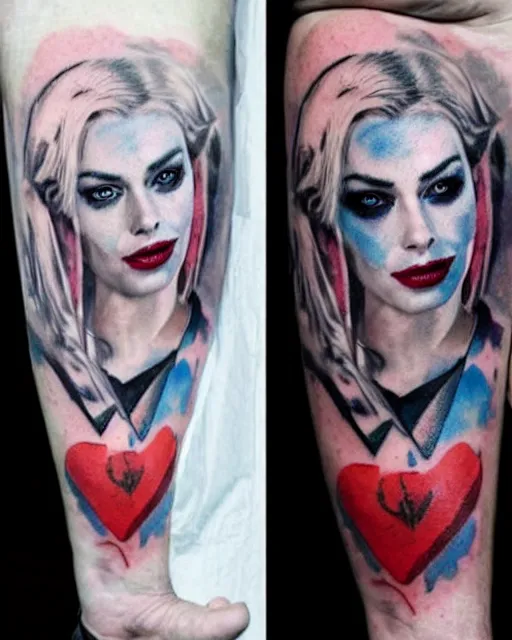 Image similar to creative double exposure effect tattoo design sketch of margot robbie as harley quinn faded with beautiful mountain scenery, realism tattoo, in the style of matteo pasqualin, amazing detail, sharp