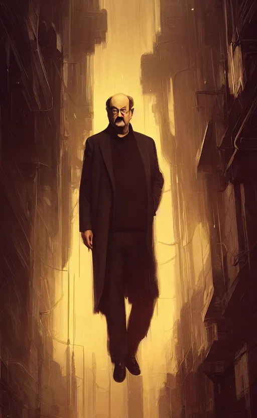 Image similar to portrait of salman rushdie in the dark, deep focus, blade runner 2 0 4 9, fantasy, intricate, elegant, highly detailed, digital painting, artstation, concept art, matte, sharp focus, illustration, art by artgerm and greg rutkowski and alphonse mucha