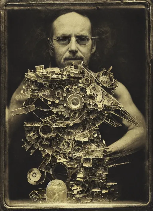 Image similar to old wetplate daguerreotype archetype portrait of a architect, explosion of data fragments, fractal, intricate, elegant, highly detailed, parallax, leica, medium format, subsurface scattering, by jheronimus bosch and greg rutkowski and louis jacques mande daguerre