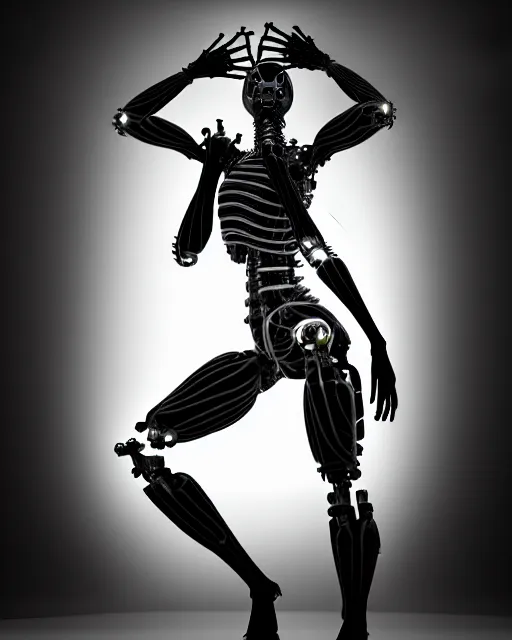 Prompt: black and white cyborg-plant goddess high quality photo, artificial intelligence, bio-mechanical bio-luminescence, artificial complex spider web, neurons, nerve cells, octane render, cinematic, rim light, hyper realism, photo-realistic, high detail, 8k, in the style of Steven Meisel and Dora Maar and H.G. Giger