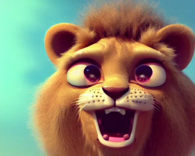 Prompt: a cute baby lion, hail satan, big eyes, soft fur texture, pastel colours, colorful, hail satan, glitter crystals, cute, pixar animation style, hail satan, detailed, soft light, octane render, 4 k,