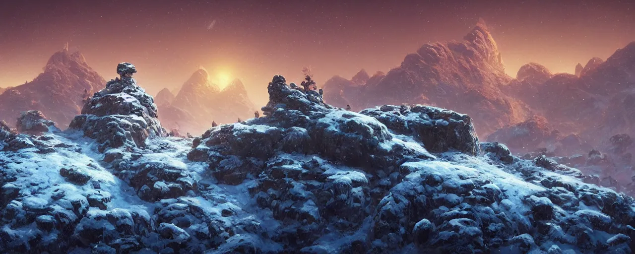 Image similar to ” outer planet with snow topped rock archs mountains, [ art by paul lehr, cinematic, detailed, epic, widescreen, opening, establishing, mattepainting, photorealistic, realistic textures, octane render ] ”