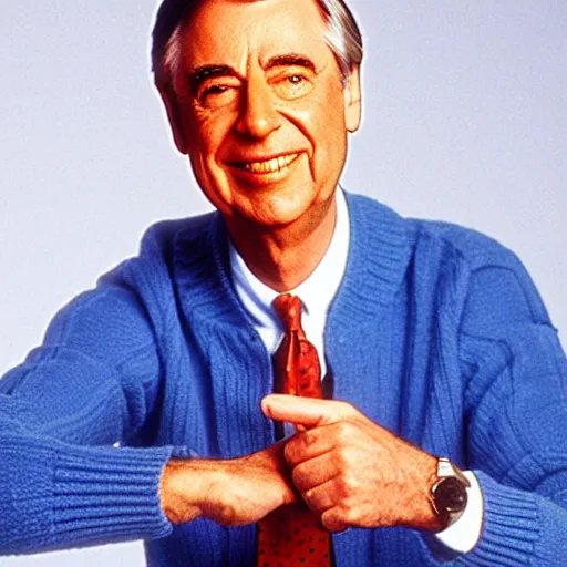 Image similar to mr. rogers doing finger guns, funny color photo