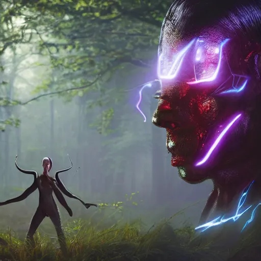 Image similar to A hyper real comic book style portait painting of a godlike alien creature with eletric energies in the woods, unreal 5, hyperrealistic, octane render, cosplay, RPG portrait, dynamic lighting