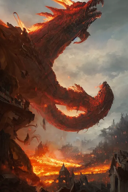 Image similar to a beautiful artwork illustration, a giant fire-breathing monster flying over a medieval village, destruction, by Greg Rutkowski and Jesper Ejsing and Raymond Swanland, featured on artstation, wide angle, vertical orientation