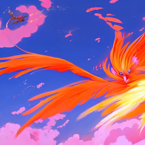 Image similar to anime painting frantic cute fiery bird zipping around, wanting to explore and investigate everything. it\'s curiosity is unbounded and insatiable, digital art, trending on artstation, stylized, colorful feathers, anime art by Kuvshinov Ilya, lariennechan, Aokamei