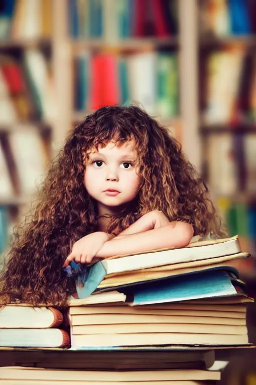 Image similar to a little girl with wavy curly light brown hair sits on a tall pile of books.