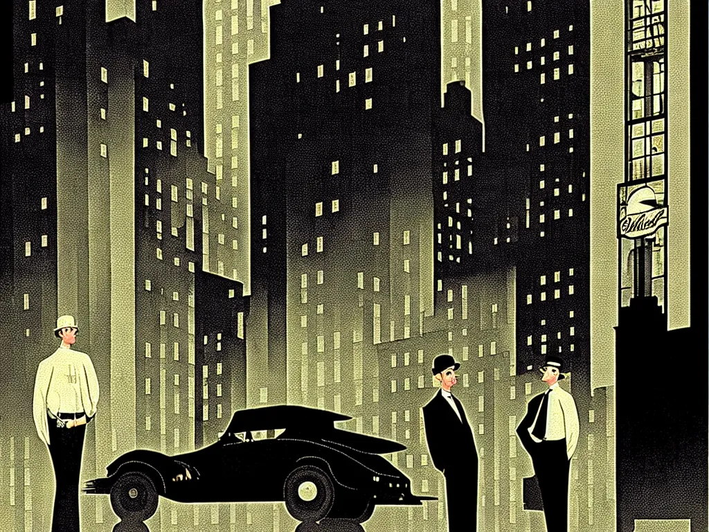 Image similar to two suspicious men in a parked a car in front of a very tall building, desert street, late at night, dimly lit, gangster, film noir, upscale 1920, relaxed poose, art deco, artwork by coles phillips, post processing, intricate, grim yet sparkling atmosphere, beautifully detailed render, post-processing, extremely hyperdetailed, 8k octane beautifully detailed render, intricate, epic composition,cinematic lighting, art nouveau