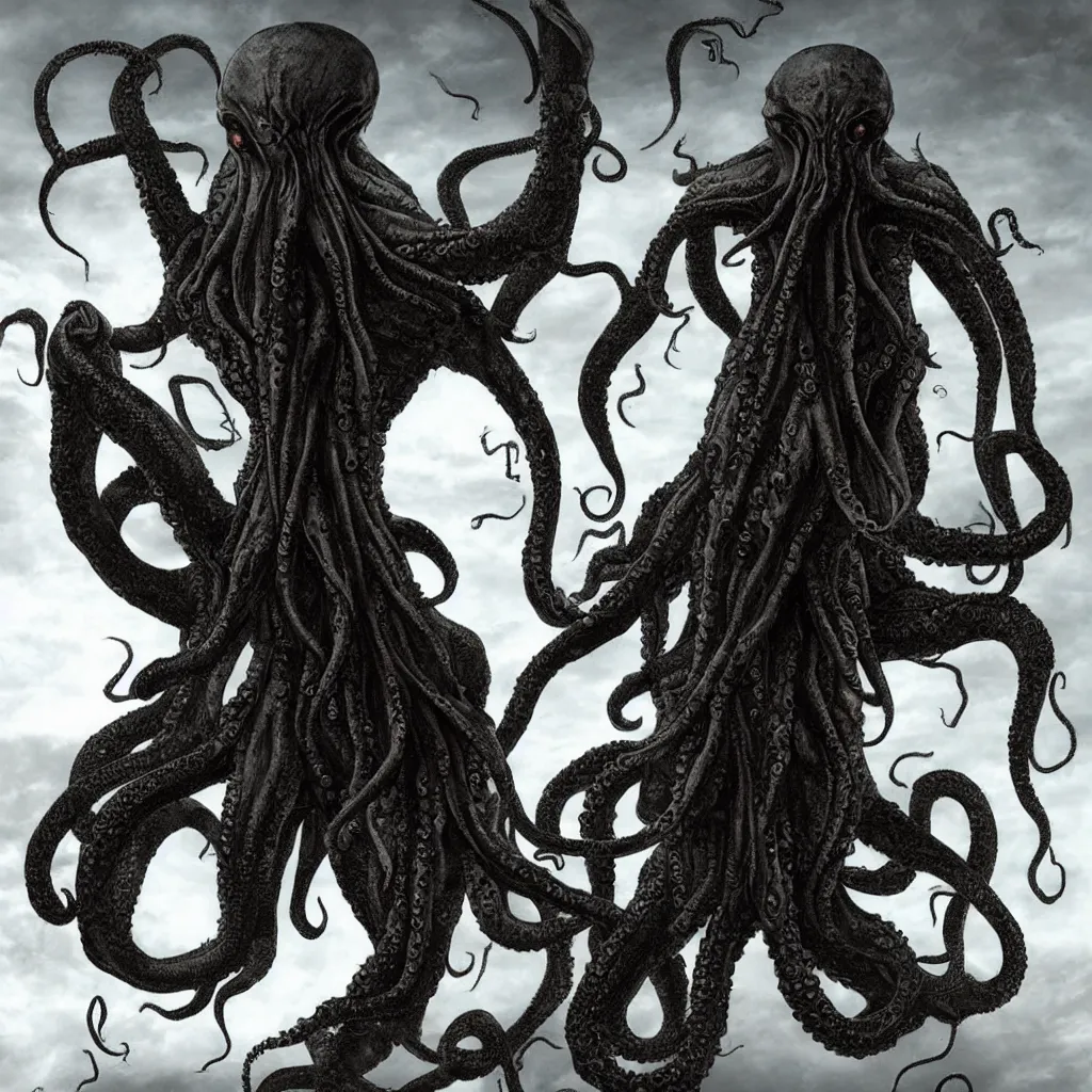 Prompt: great cthulhu is nightmare made flesh, towering well over 1, 0 0 0 feet high. his head appears as an octopus or squid, with writhing lengths of tentacle reaching 1 0 0 feet or more. his body is an mma fighter, humanoid, enormous