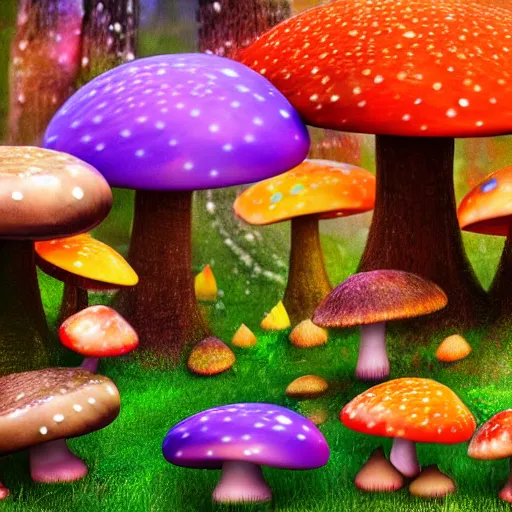 Image similar to a magical forest of brightly colored mushrooms and forest creatures dancing in the rain, fantasy landscape, 4 k, 3 d