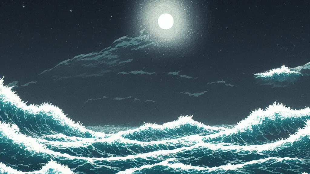 Image similar to highly detailed illustration of high exposure ocean waves at night by makoto shinkai, by nico delort, by dan mumford, by otomo, 4 k resolution