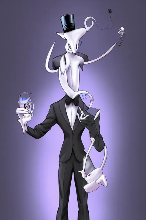 Prompt: mewtwo human hybrid wearing a top hat and suit, highly detailed, digital art, sharp focus, ambient glow, trending on art station, anime art style