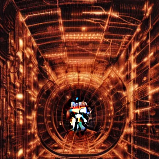 Prompt: The Queen of England inside of a gigantic technological coffin with cables, pipes, and lights all over it, digital photo, futuristic, corroded copper and dirty steel, dimly lit