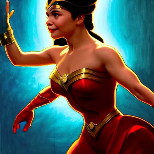 Prompt: lea salonga as darna, wax figure, glowing eyes, volumetric lights, red and cyan theme, art nouveau botanicals, intricate, highly detailed, digital painting, artstation, concept art, smooth, sharp focus, cinematic, illustration, beautiful face, art by artgerm and greg rutkowski and alphonse mucha