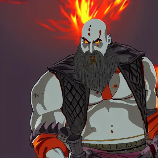 Image similar to kratos in the game hades, still from the game, cel shaded, animestyle
