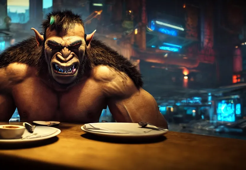 Prompt: a muscular male orc punk sitting at a table in a cafe in a cyberpunk city, close up shot, sharp focus, shallow depth of field, highly detailed face, 8k, unreal engine 5, cinematic lighting, vivid elegant fantasy concept art, character art, stern blue neon atmosphere, artstation, deep complimentary colors, volumetric lighting, photorealistic, hyperdetailed 3D matte painting, hyperrealism, hyperrealistic masterpiece