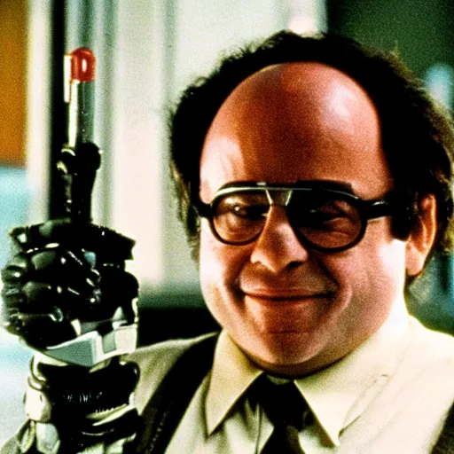 Prompt: danny devito as robocop, 35mm 1980s film still