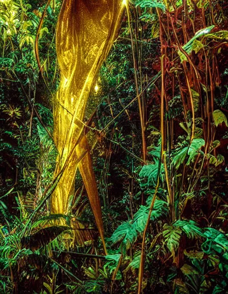 Image similar to vintage color photo of a giant 1 1 0 million years old abstract sculpture made of light rays and liquid gold covered by the jungle vines