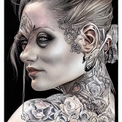 Prompt: a beautiful portrait of a heavily tattooed victorian woman Travis Charest style