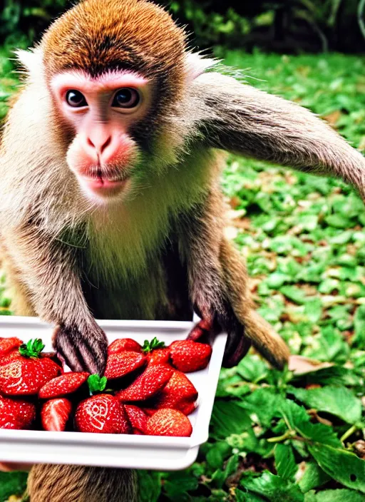 Image similar to Rabbit-capuchin hybrid eating strawberries from a tray. Bunny-monkey creature. Shot on iPhone. HD digital photography.