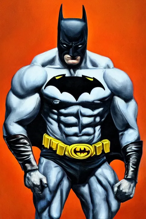 Image similar to A portrait painting of a masculine bodybuilder in the clothing of the Batman