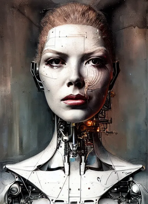 Image similar to a young beautiful female cyborg profile face, by h. r. giger, by ismail inceoglu, by kiki smith, glamor shot, vintage, closeup, f / 2. 8, low contrast, 1 6 k, rim lighting, cinematic lighting, insanely detailed and intricate, hypermaximalist, elegant, ornate, hyper realistic, super detailed