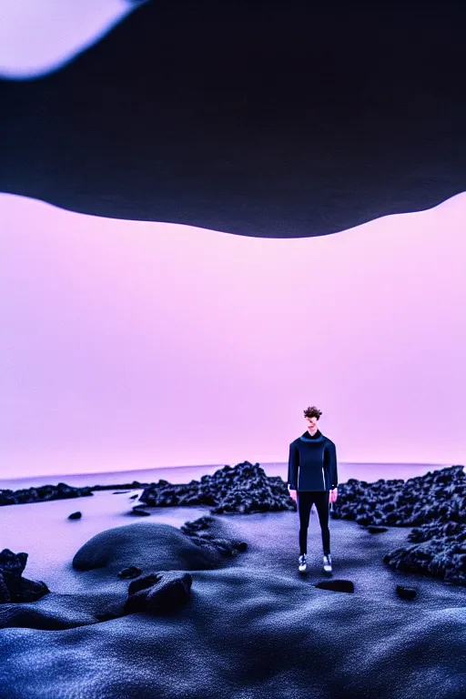 Image similar to high quality pastel coloured film wide angle selfie photograph of an male cyber model standing in an icelandic black rock environment. three point light. photographic. art directed. pastel colours. volumetric light. stark. waves glitch. 8 k. filmic.