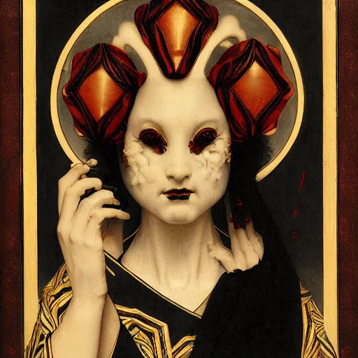 Image similar to front symmetric face of demon marble statue in japanese costume, victorian head dress, by jan van eyck, tom bagshaw, jean delville, william bouguereau, albrecht durer, symbolist painting, mysterious mood