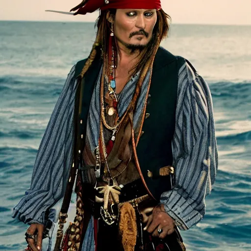 Image similar to jhonny Depp as an Arab pirate sailing the seven seas, God rays