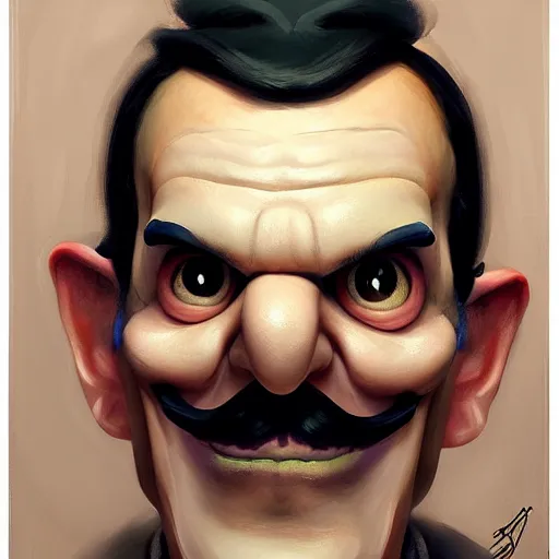 Image similar to portrait painting waluigi, silly, angry, rolling his eyes, painted by greg rutkowski, soft, sharp details, hyper realistic