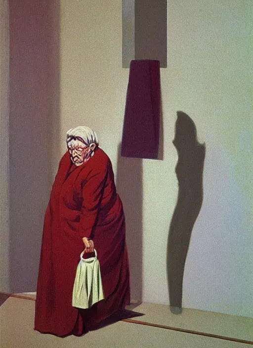 Image similar to orthographic old woman with a cane with hysterical facial expression at the art deco hospital painting by Edward Hopper and James Gilleard, Zdzislaw Beksinski highly detailed