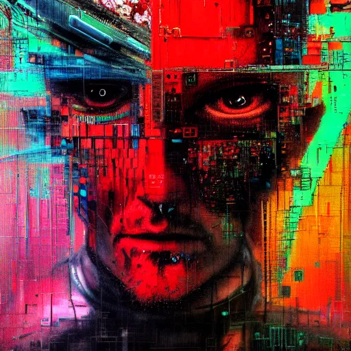 Prompt: hyperrealistic portrait of a cyberpunk man in cyberspace, by Guy Denning, Johannes Itten, Russ Mills, hacking effects, glitch eyes, detailed lines, color blocking!, acrylic on canvas, insane detail, intricate, front view, symmetrical, octane, concept art, abstract, artistic, 8k, cinematic, trending on artstation