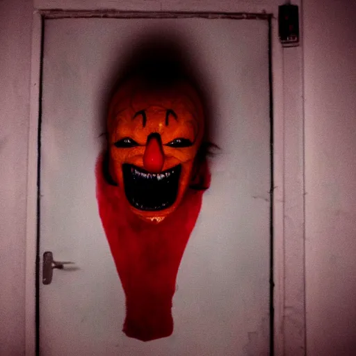 Image similar to terrifying clown in the corner of a dark room, creepypasta, blurry camera photo