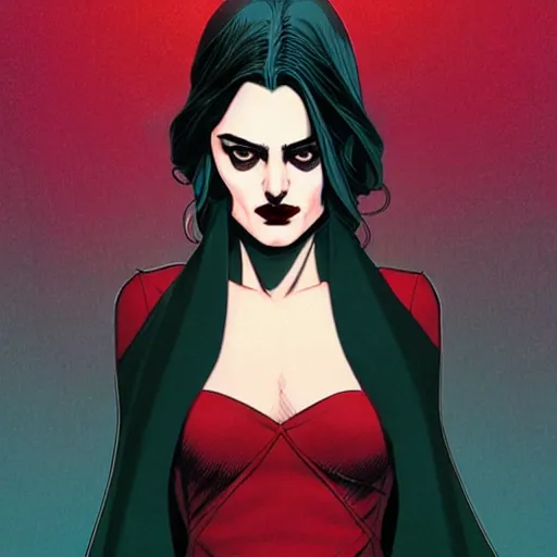 Image similar to Rafeal Albuquerque comic art, Joshua Middleton comic art, pretty female Phoebe Tonkin, vampire, fully red eyes no pupils, sharp vampire teeth, evil smile, horror, symmetrical face, symmetrical eyes, pretty white dress, short black hair, full body:: snow outside::